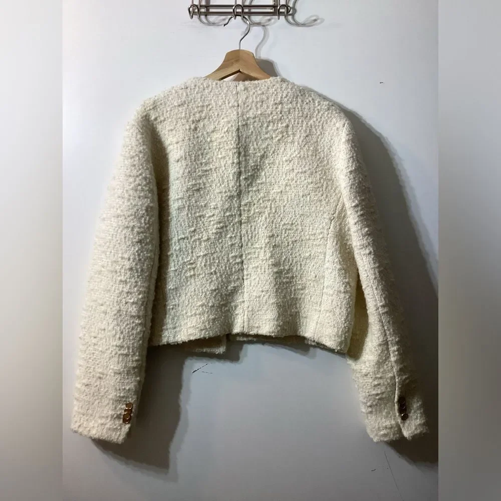 Frame Cropped cotton-blend bouclé-tweed jacket In‎ Cream